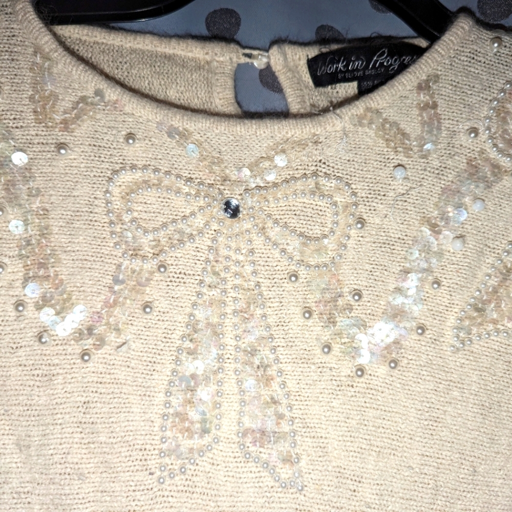 WORK IN PROGRESS Silk, Sequin, & Pearl Embellished Sweater Lg